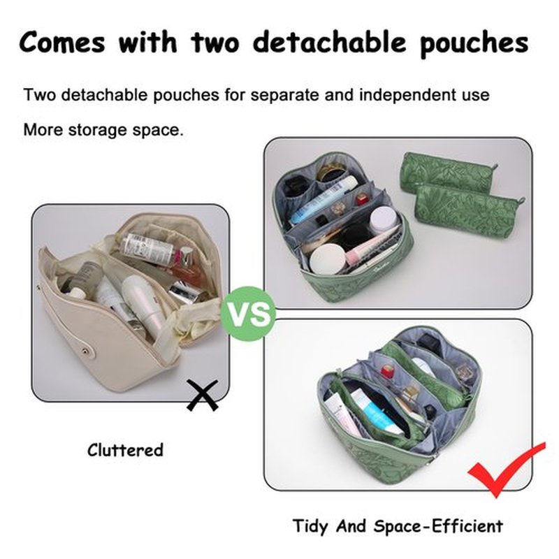 Travel Makeup Bags Cosmetic Organizer Bag: 3-Set Large Capacity Make up Bag - PU Leather Toiletry Bag for Women - Wide Open Portable Pouch with Divider & Handle (03-Green-2)