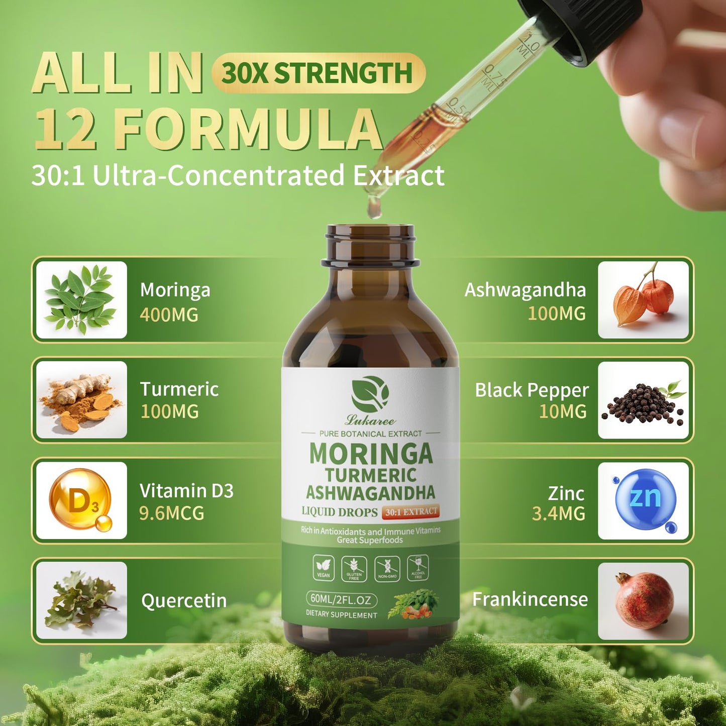 12-in-1 Organic Moringa Drops with Ashwagandha Turmeric Quercetin, Lipsomal 98% Absorption & Extract for Energy Immune Joint Digestive Metabolism, Vegan Non-GMO, More Potency Than Moringa Powder