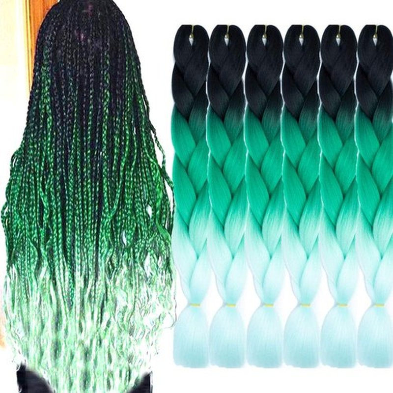 SHUOHAN 6 Packs Ombre Jumbo Braiding Hair Extensions 24 Inch High Temperature Synthetic Fiber Hair Extensions for Box Braids Braiding Hair (Black to Green to Light Green)