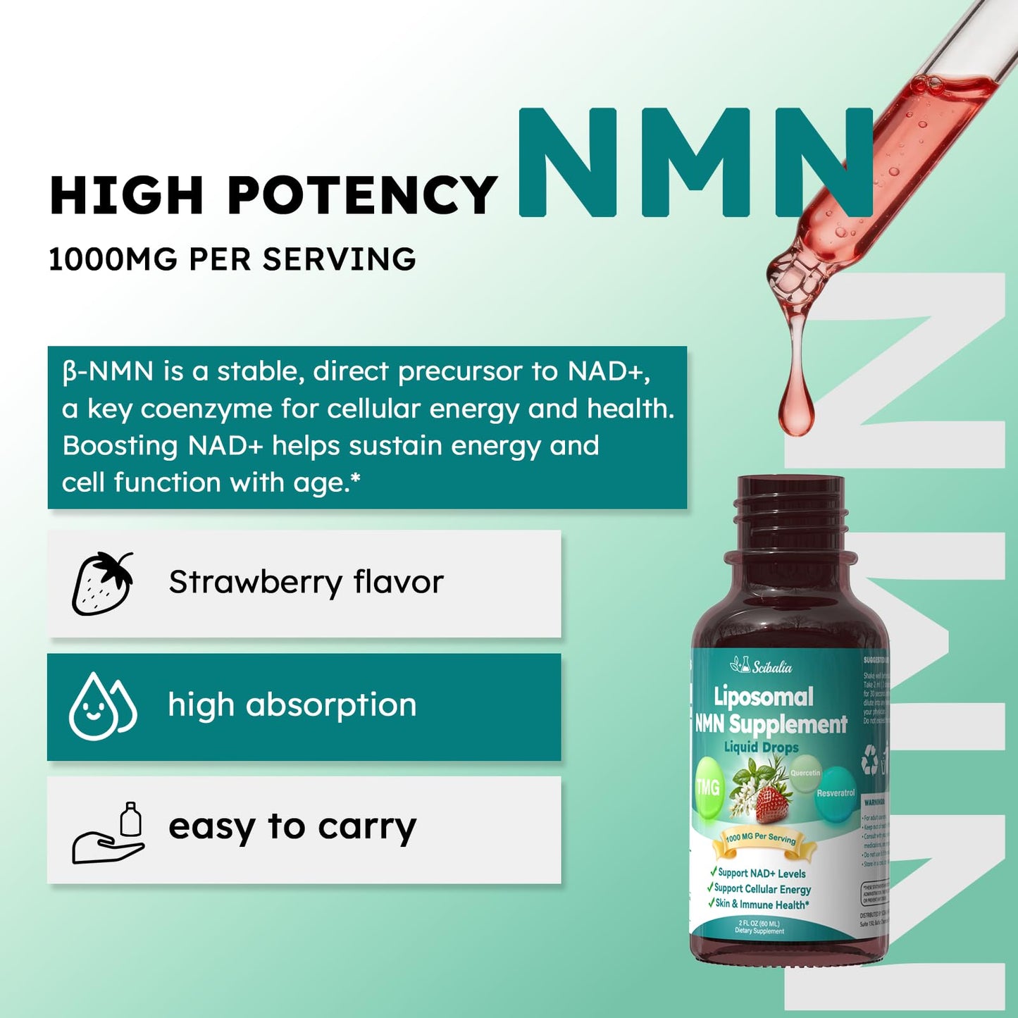 Scibalia NMN Supplement Liquid Drops,4-in-1 NMN Beta 1000mg w. Quercetin TMG Resveratrol for Anti Aging Energy & Immune Support, NMNH Alternative Liposomal High Absorption for Women Men