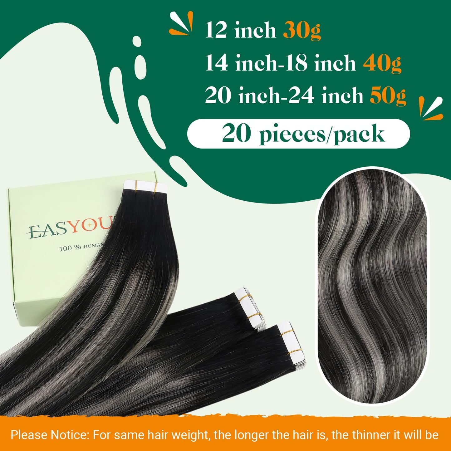 Easyouth Tape in Hair Extensions Black Silver Tape in Extensions Human Hair Ombre Black to Silver Hair Extensions Real Human Hair Tape in Balayage 12 Inch 20Pcs 30g