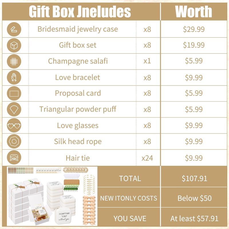 Fingertip WD 81 Pcs Bridesmaid Proposal Gift Jewelry Box Including Bridesmaid Bridal Hairband Sunglasses Powder Puff Bridesmaid Cards Gift Box for Wedding Champagne