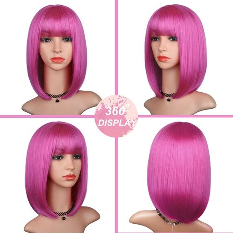 BEAUTIFA Hot Pink Bob Wig with Bangs for Women 12 Inch Short Straight Pink Wigs Synthetic Colorful Wigs