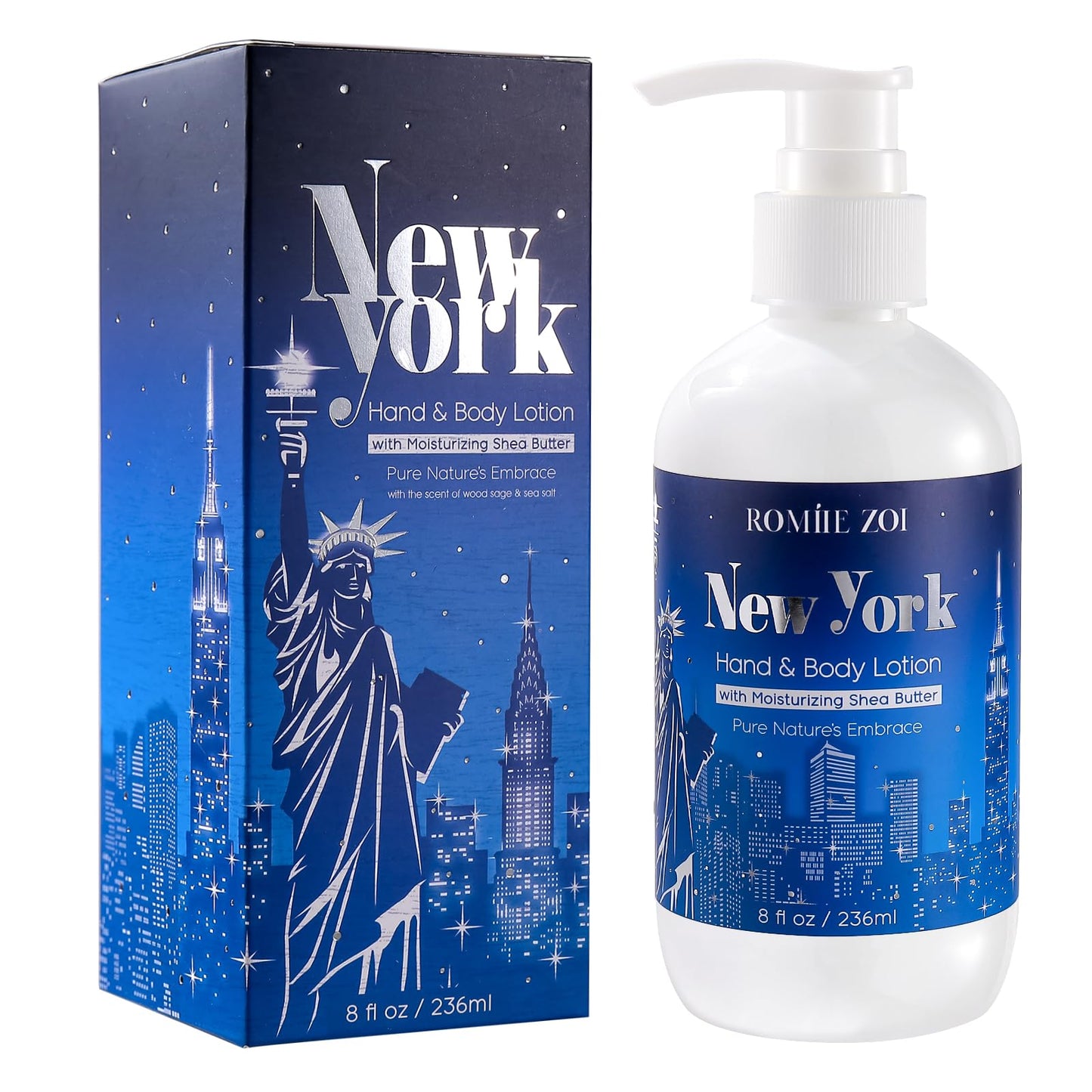 ROMIIE ZOI Daily Hand & Body Lotion with Moisturizing Shea Butter - New York with the Scent of Wood Sage & Sea Salt - 236 ML / 8 FL OZ