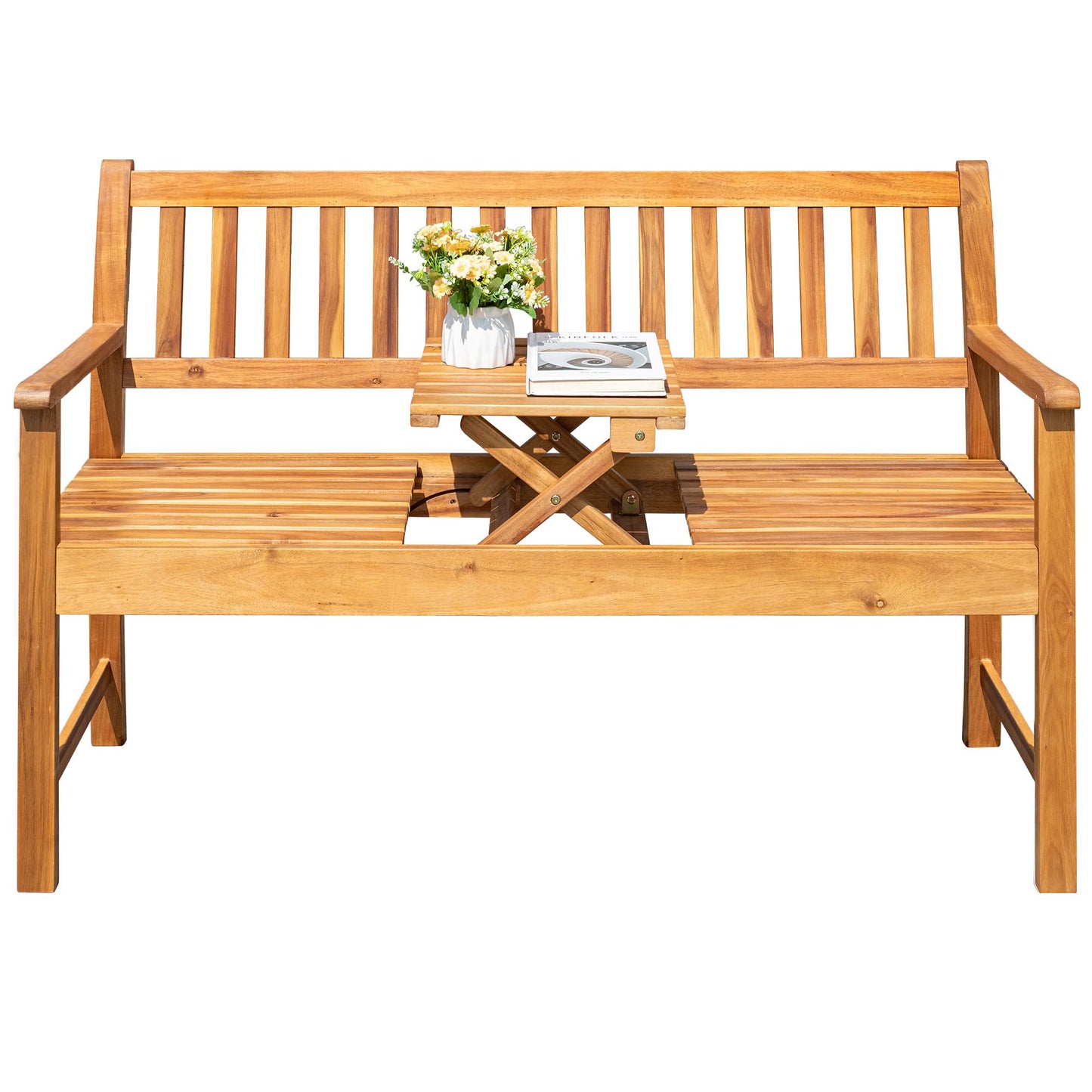 Greesum Outdoor Bench 2-Person Acacia Garden Chair Patio Porch Furniture with Foldable Small Table Plate for Deck, Yard, Balcony, Natural