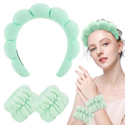 Zkptops Spa Headband for Washing Face Wristband Set Sponge Makeup Skincare Terry Cloth Bubble Soft Get Ready Hairband for Women Girl Puffy Padded Headwear Non Slip Thick Hair Accessory(Light Green)
