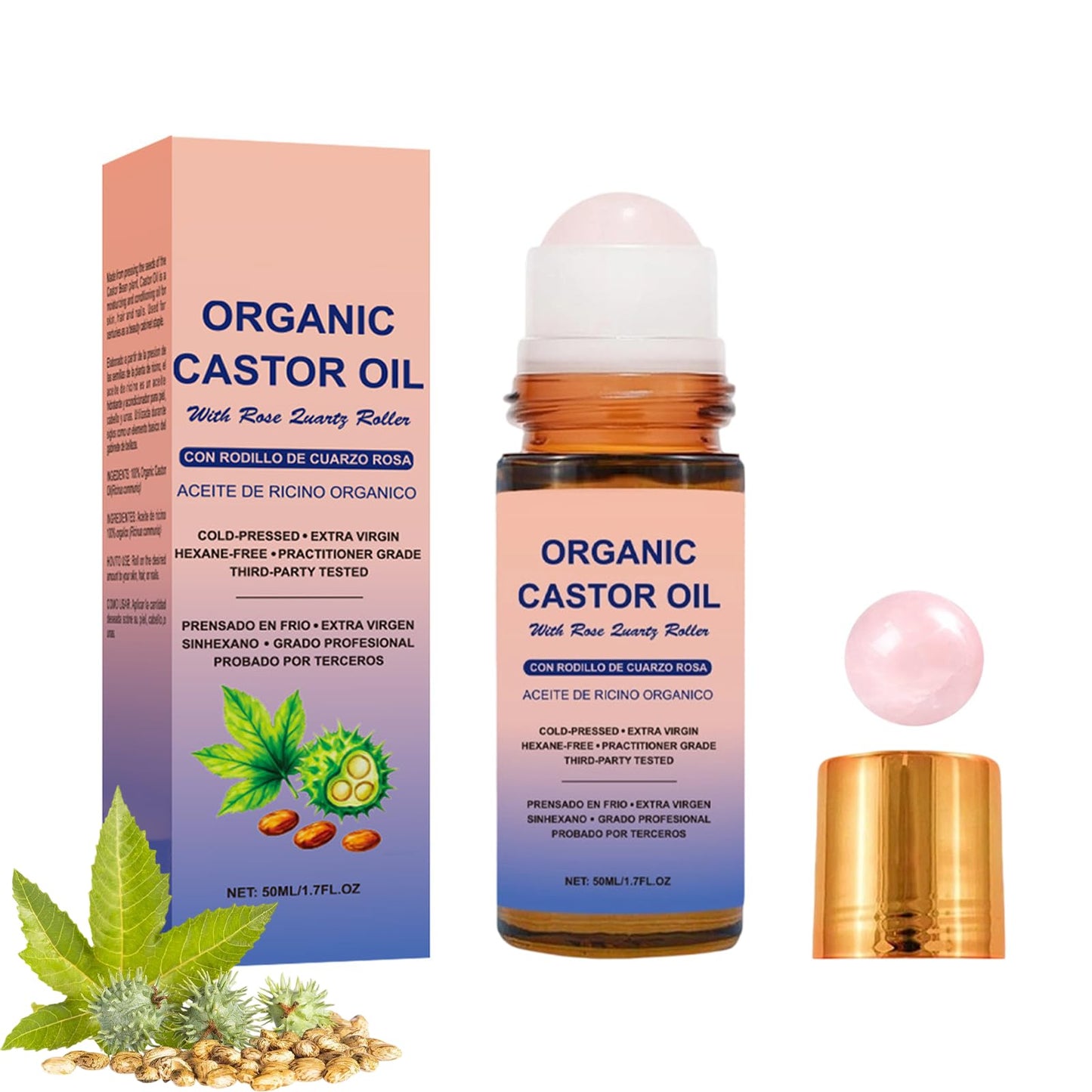 VOKOZK Organic Golden Castor Oil Roll-On with Rose Quartz Roller Ball - Hexane Free, 100% Pure Cold Pressed Glass Bottle, Moisturizing Skin for Lashes, Brows, Skin, Hair, 1.7 Fl Oz (1PCS)