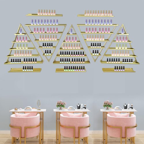 LEYSRIS Wall-Mounted Nail Polish Rack, Set of 10 Triangular Gold Nail Polish Shelf Lipstick Perfume Cosmetic Display Shelf for Home Spa Nail Salon Shop