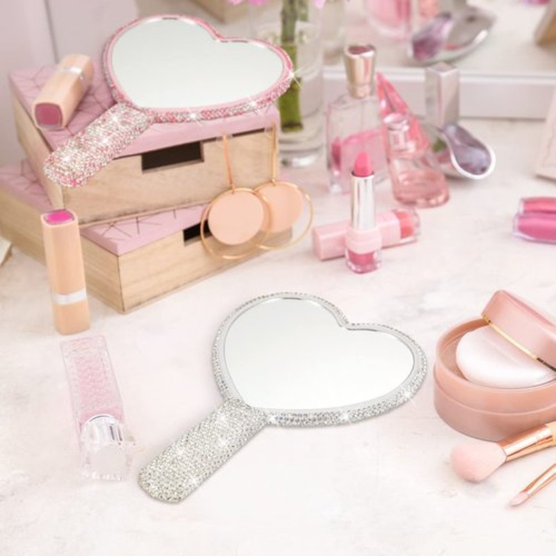 Tatuo 2 Pcs Rhinestone Mirror Handheld Bling Heart Lip Shaped Mirror Glitter Cosmetic Hand Mirror with Handle Portable Cute Travel Makeup Lash Mirror for Women Girls(Pink and White, Heart)