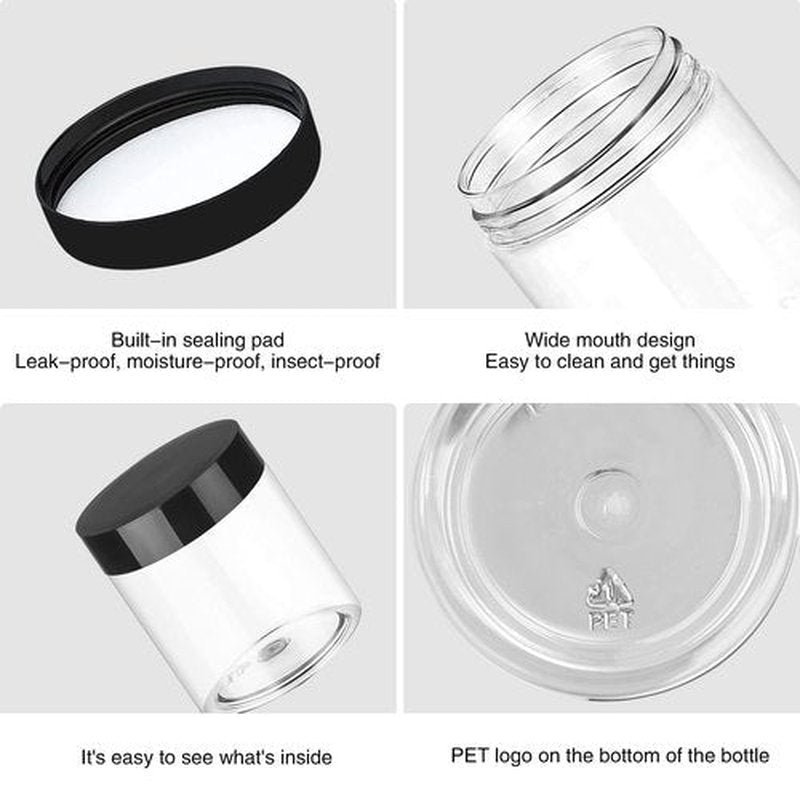 Hajoyful Plastic Jars with Lids 4OZ 48PCS,Small Cosmetic Slime Containers Clear Travel Round Jars Empty Refillable Sample Containers Leak Proof Pot Jars with Black Lids for Lotion, Cream, Cosmetics