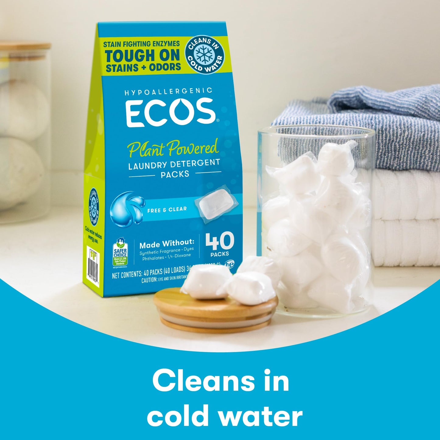 ECOS Laundry Detergent Packs, 80 Loads - 100% Plastic Free Packaging - Convenient No Mess Washing Soap Packs - Hypoallergenic for Sensitive Skin - Free & Clear