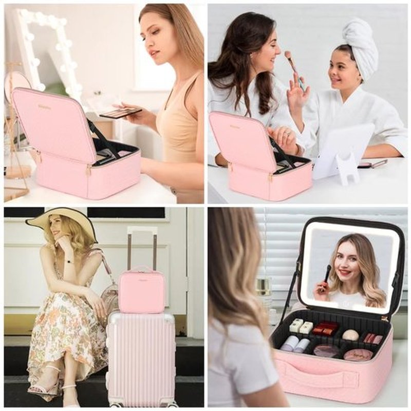 Aiborke Travel Makeup Bag with Led Mirror Makeup Case with Lighted Mirror Cosmetic Organizer bag with Adjustable Dividers and 5X Magnifying Mirror Gift for Women (Pink)