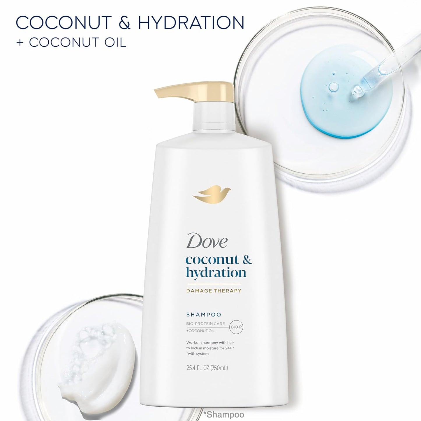 Dove Damage Therapy Shampoo 6-Pack, Coconut & Hydration, 24H Hydration for Revitalizing Dry, Damaged Hair, 12 Oz Ea
