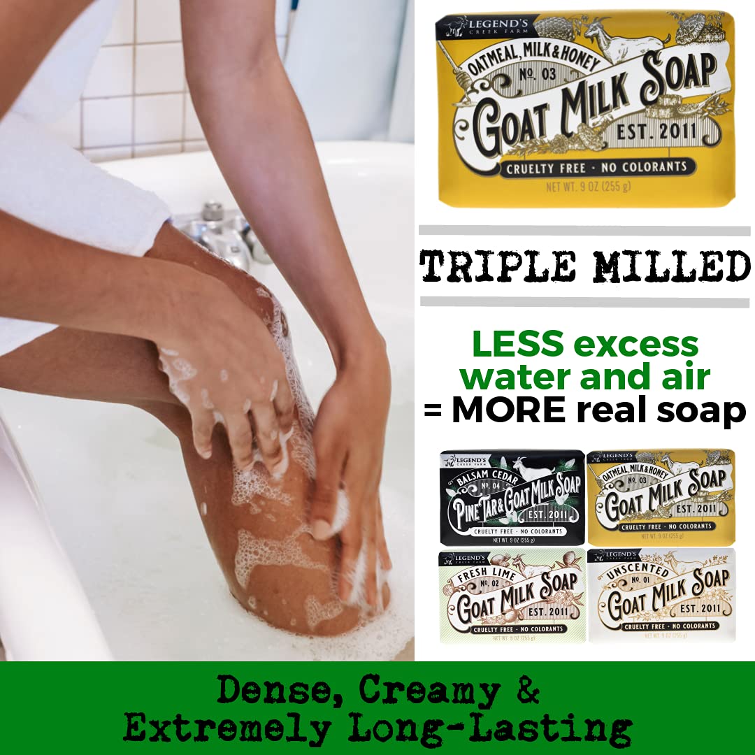 Legend's Creek Farm Goat Milk Soap - Triple Milled Moisturizing Bar for Hands and Body - 9 Oz Creamy Lather, Nourishing, Natural Soap for Sensitive Skin (Oatmeal, Milk & Honey, Pack of 1)