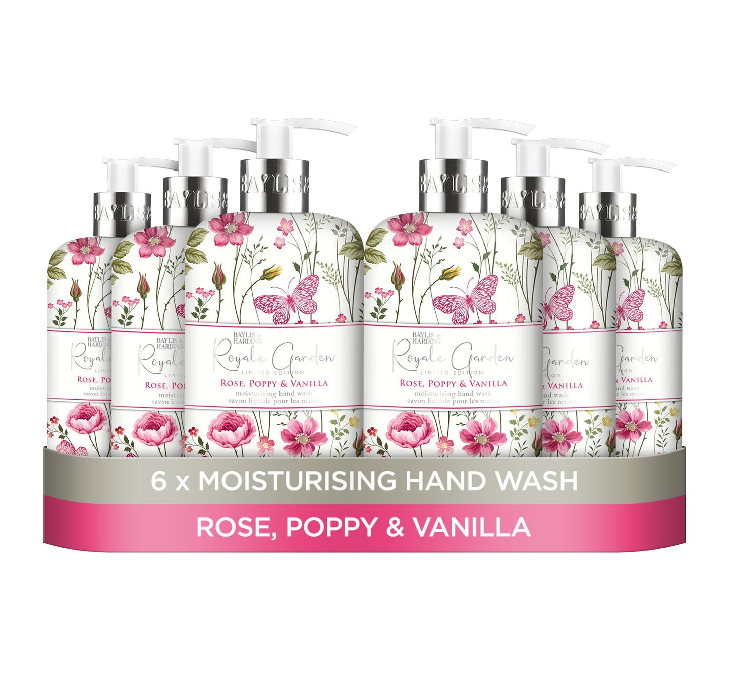 Baylis & Harding Royale Garden Liquid Hand Soap with Dispenser - Rose, Poppy & Vanilla, 16.9oz (6-Pack)