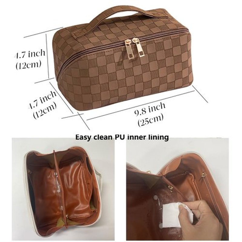 MINGRI Large Capacity Travel Cosmetic Bag for Women,Portable PU Leather Checkered Makeup Bag Water Resistant,Flat Open Multifunctional Storage Toiletry Bag with Divider and Handle (Brown)