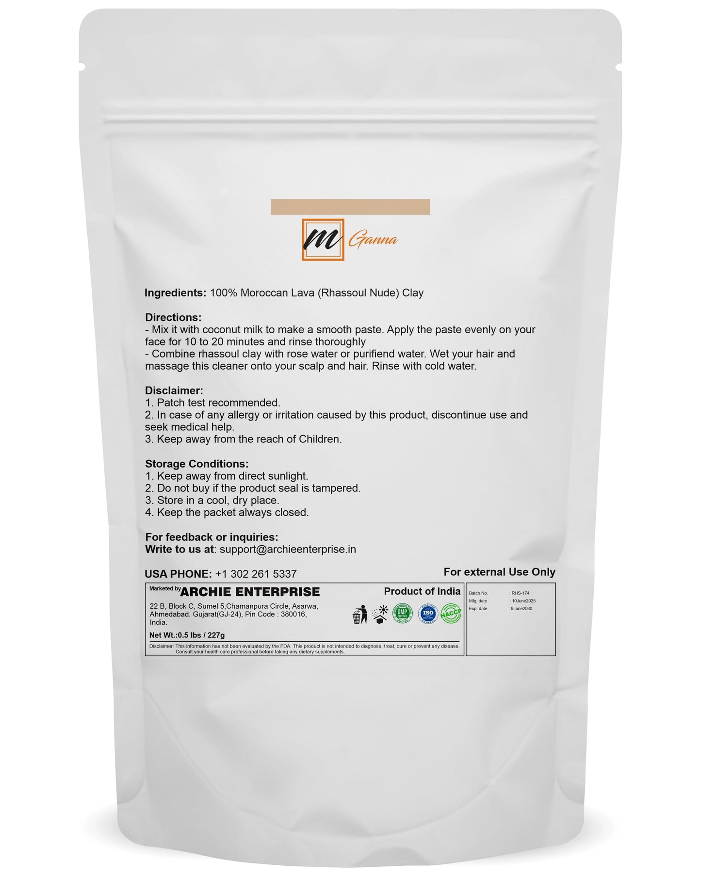 mGanna 100% Natural Moroccan Rhassoul Clay Powder/Nude/Ghassoul Lava Clay Powder for Hair Masks, Creams, Face Masks, Scrubs and Soap Making 0.5 LBS / 227 GMS