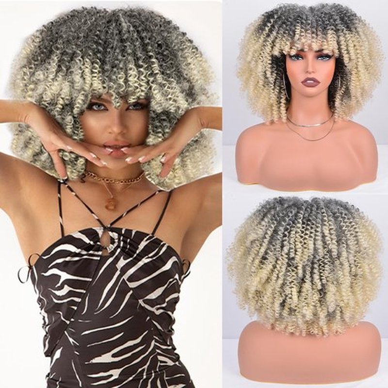Afro Bomb Curly Wigs with Bangs 12 Inches Heat Resistant African Wig Bouncy Fluffy about 280g/Piece Short Kinky Curly Synthetic Hair Wig for Black Women (Black to Blonde)