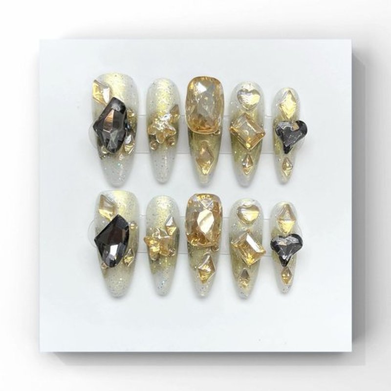 Wsliana Handmade Press On Nails - Long Almond Shape with Gold Glitter and Rhinestones, 10pcs Glue On Acrylic Fake Nails with Storage Box | Stylish Nail Kit (051 S)