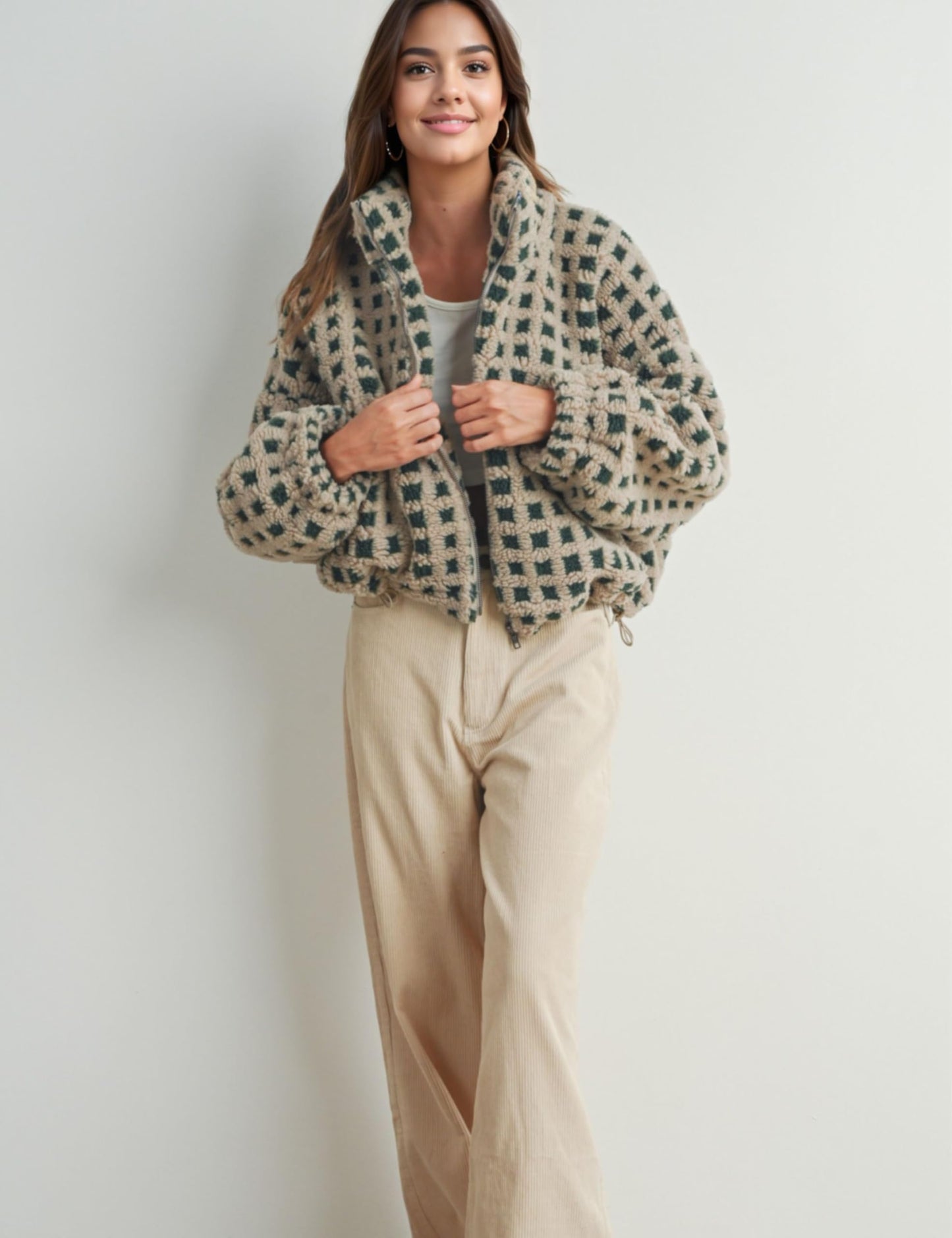 Esmeling Women’s Long Sleeve Cropped Sherpa Fleece Plaid Jacket Casual Chunky Teddy Fleece Outerwear (1024-Green-S)