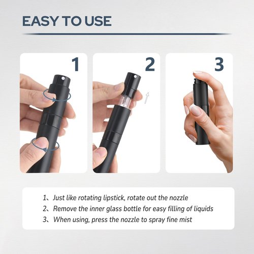 Fusupak 8ml Perfume Atomizer, Travel Cologne Spray Bottle, Refillable Portable Sprayer (Black, Brown, Silver)