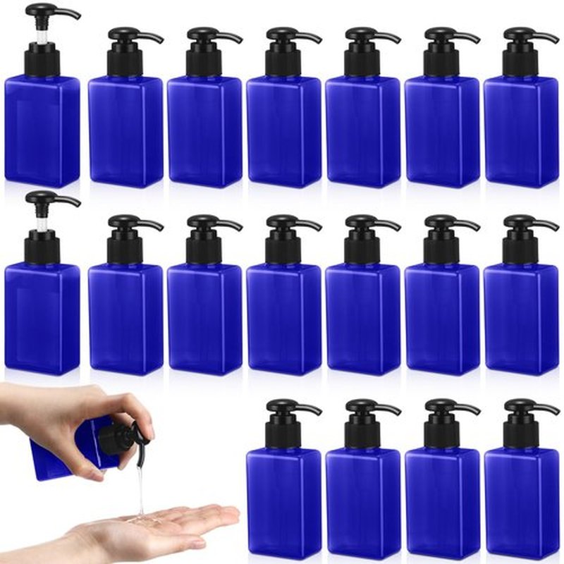 Domensi 24 Pcs 100ml /3.4 oz Pump Bottle Mini Travel Bottles Small Dispenser Bottles Plastic Pump Lotion Dispenser Empty Bottle Square Dispenser Travel Size Containers Toiletries (Blue)