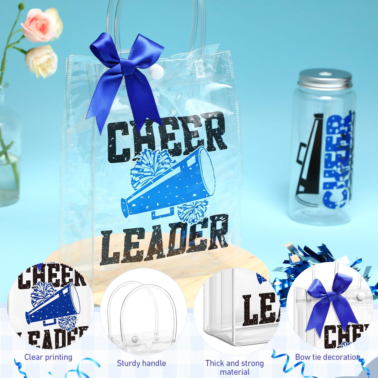 LemonRoad 36 Pcs Cheerleader Gift Bulk for Team Cheer Tumbler Cups Pom Pom Keychain Bags Bow Cheer Water Bottles with Lid and Straw for Cheerleader Women Girl Sport Party Favor Senior Night(Blue)