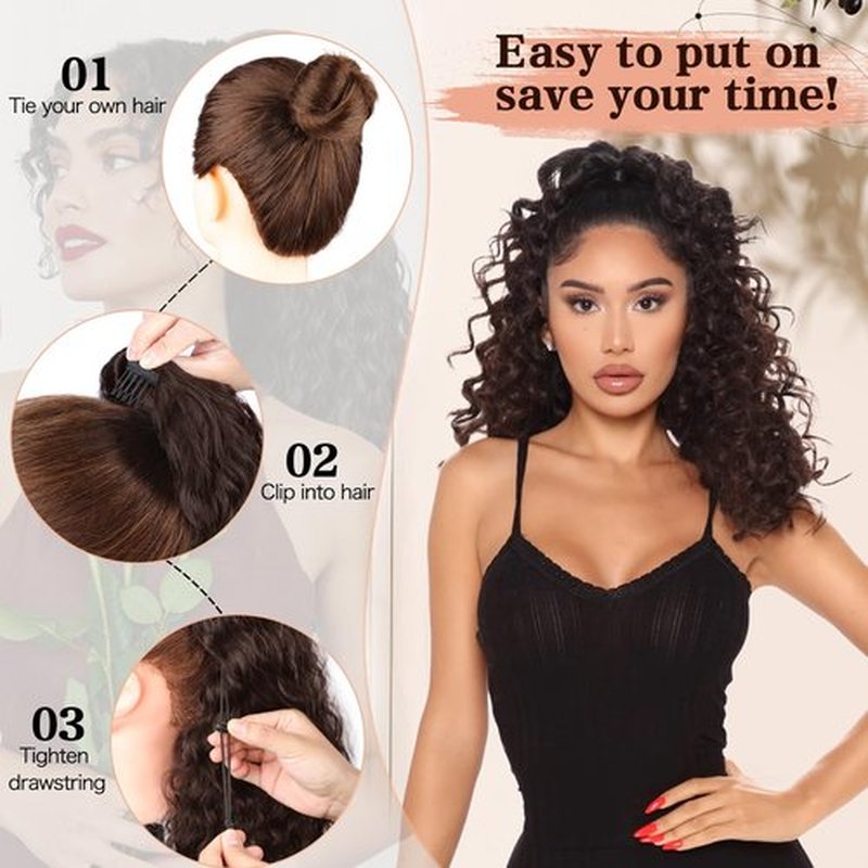FREEMEIGE Ponytail Extension, Curly Drawstring Ponytail for Black Women Dark Brown Ponytail Hair Extensions 20 Inch Long Curly Wavy Synthetic Hair Clip in Ponytails Extension for Women