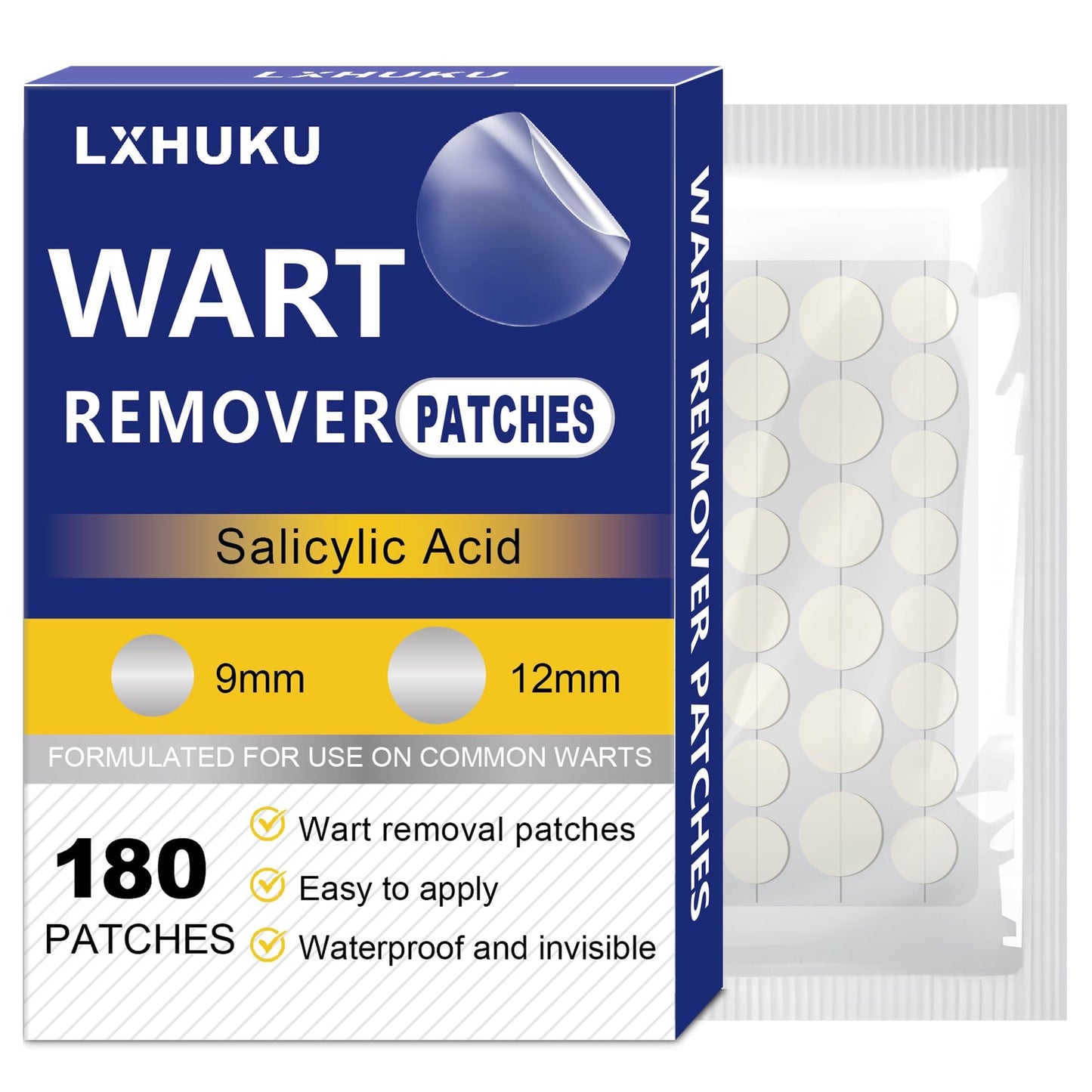 LXHUKU Maximum Strength Salicylic Acid Wart Remover Patches, Fast Gentle Removal, Discreet Long - Lasting, Ideal for Various Skin Blemishes Like Plantar, Common, Flat Warts, Corns and Calluses