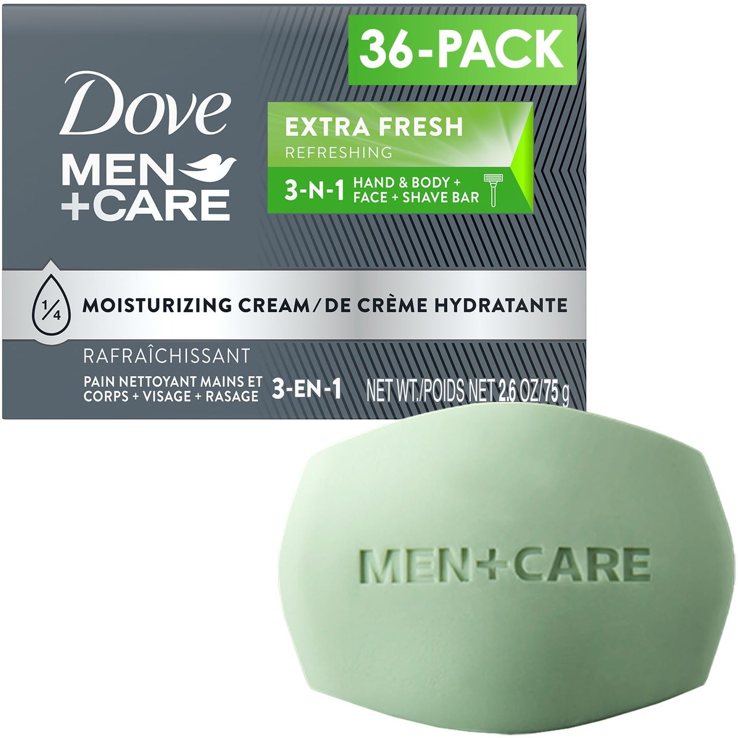 Dove Men+Care Soap Bar, Extra Fresh Scent 36-Pack – Hydrating 3-in-1 Body, Hand, and Face Cleanser for Men, 2.6 Oz Ea