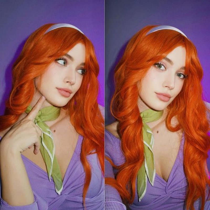 KOME Orange Wigs with Bangs,Orange Wig for Women Long Wavy Wig for Women,Long Curly Wigs Synthetic Hair Wig for Party Cosplay Daily Use 26IN