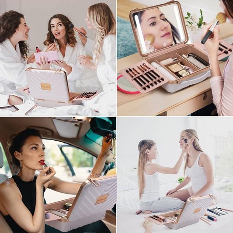 Mocado Travel Makeup Case with Lighted Mirror, Makeup Box with 8 Makeup Brushes and 10x Magnifying Mirror,Cosmetic Case Adjustable Brightness Makeup Train Case with Makeup Brushes Divider(White)