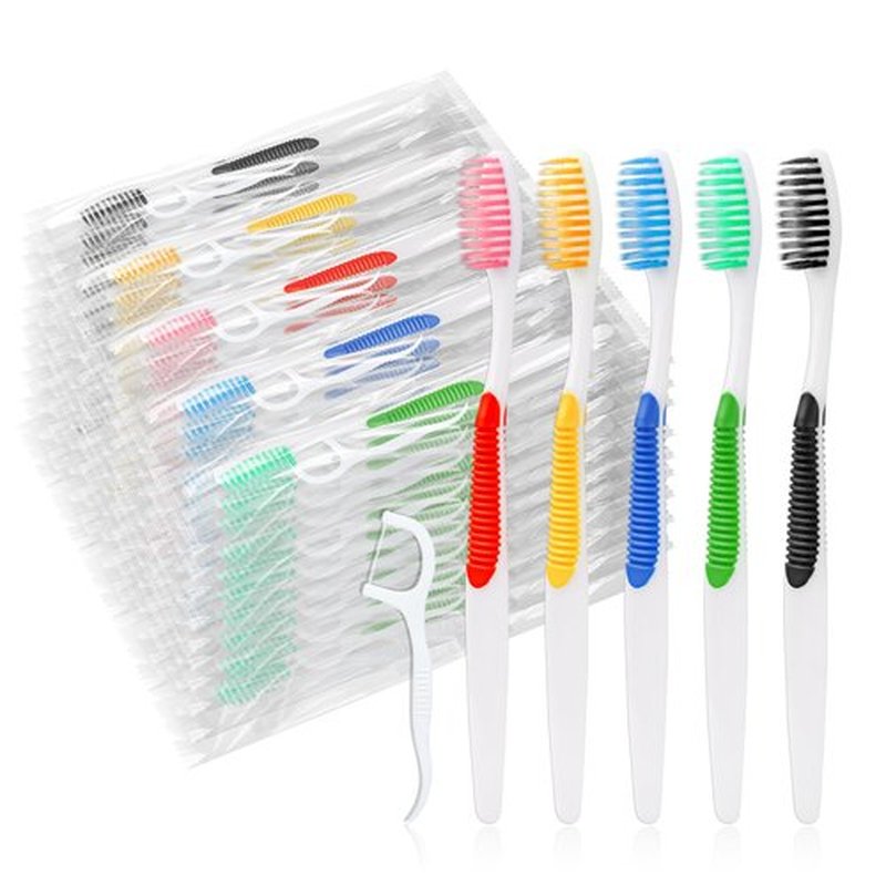 HAIFOTRVA 100Packs Disposable Toothbrushes with Floss,Single Use Individually Wrapped Disposable Travel Toothbrushes and Dental Floss Kit Bulk for Homeless,Airbnb,Dentist,Hotel(5 Colors)