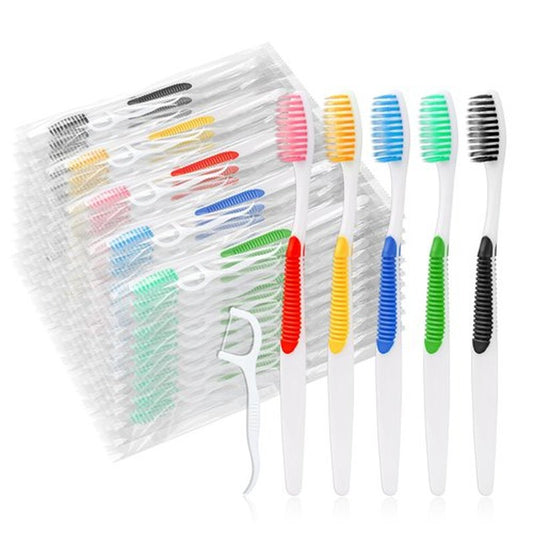 HAIFOTRVA 100Packs Disposable Toothbrushes with Floss,Single Use Individually Wrapped Disposable Travel Toothbrushes and Dental Floss Kit Bulk for Homeless,Airbnb,Dentist,Hotel(5 Colors)