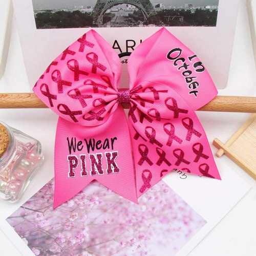 Subesty 4 Count Hair Tie, Large Breast Cancer Awareness Girls Cheerleader Hair Bow, 7 inch Grosgrain Ribbon, Set of 4, Pink, Elastic Ponytail Holder Style