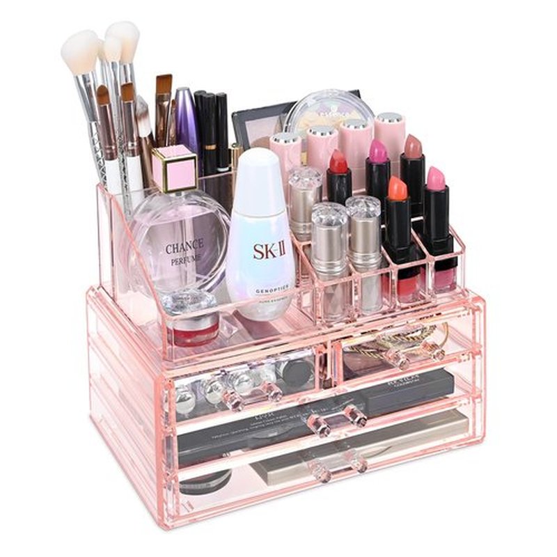Ikee Design Pink Jewelry & Cosmetic Storage Display Boxes Two Pieces Set, Organizer Makeup Holder, for Vanity