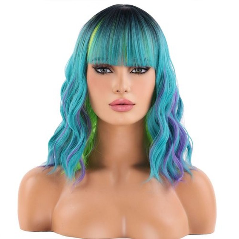 BERON 14 Inches Green Wig for Women Girls Green Purple Wig with Bangs Short Curly Wig Green Mix Purple Wigs