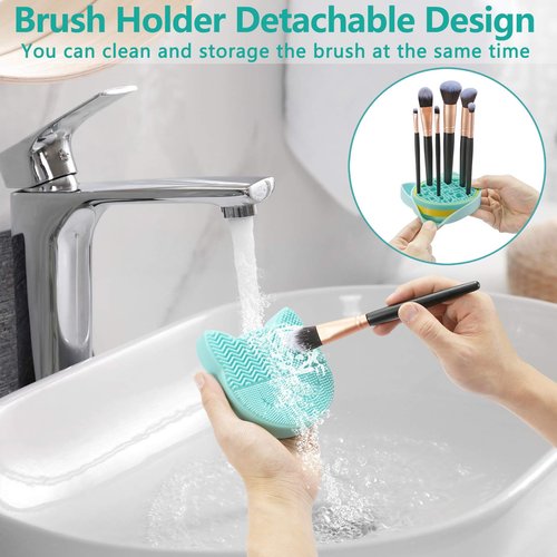 TailaiMei 2 in 1 Makeup Brush Cleaning Mat with Brush Drying Holder, Silicon Cat Shaped Brush Cleaner Pad include Cosmetic Brush Organizer Rack, Portable Washing Tool for Makeup (Green)