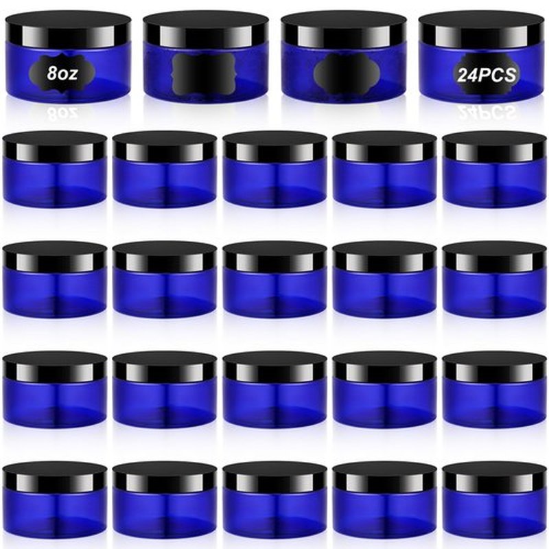 Dandat 24 Pcs Plastic Jars with Lid and Label PET Cosmetic Containers Leak Proof Empty Cosmetic Jars Refillable Storage Travel Jars for Lotion Cream Gel Powder Ointment(Blue with Black Lid,8 oz)