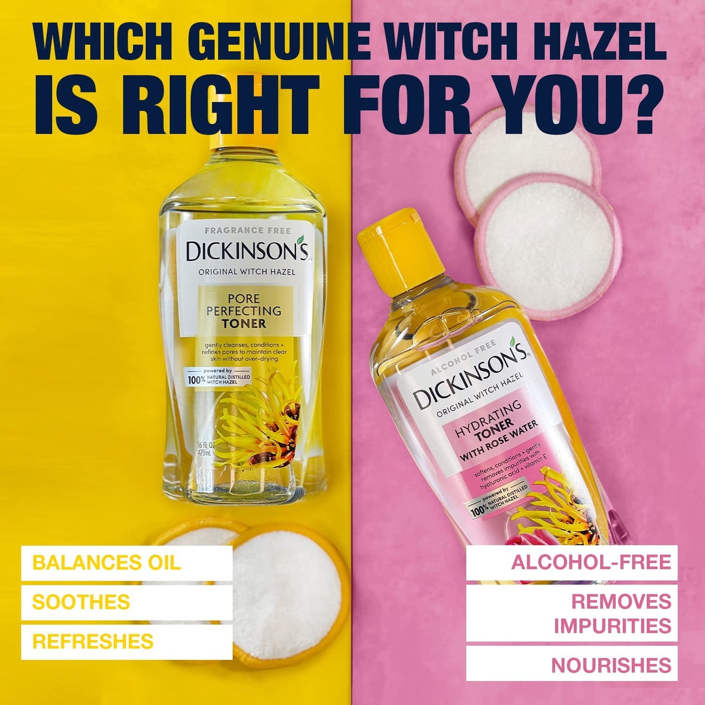 Dickinson's Enhanced Witch Hazel Hydrating Toner with Rosewater, Alcohol Free, 98% Natural Formula, 16 Fl Oz (Pack of 2)