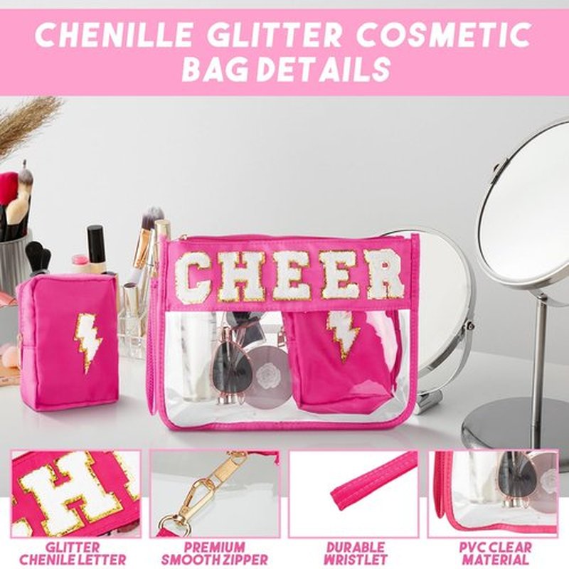 Hillban 2 Pcs Cheer Theme Gifts Cheer Chenille Letter Bags Pink Preppy Patch Makeup Bag Flat Clear Pouch PVC Organizer Purse Waterproof Travel Cosmetic Bag Portable Toiletry Storage Bag for Women