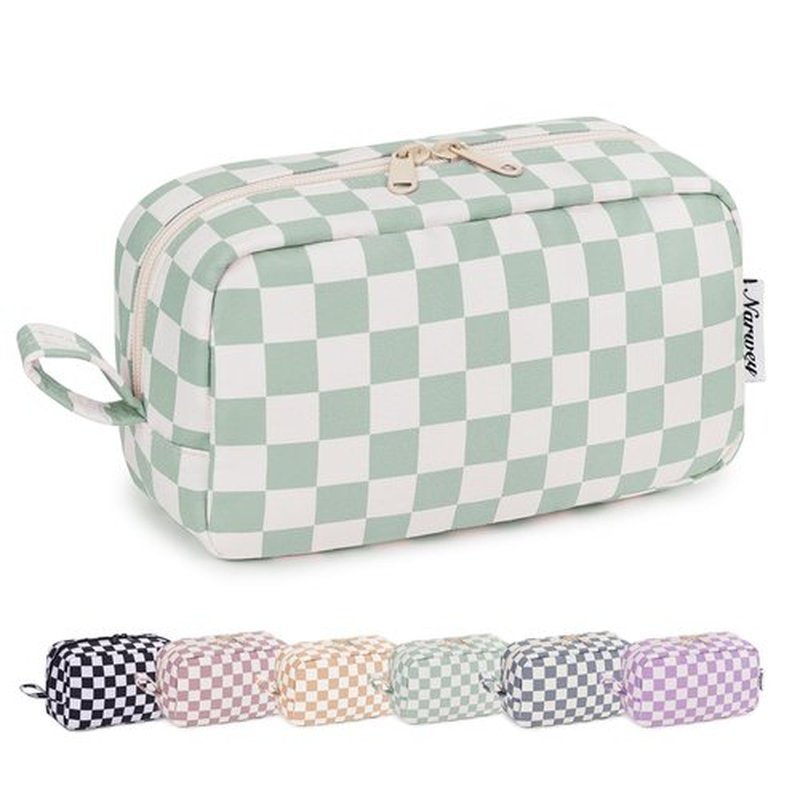 Narwey Checkered Makeup Bag Travel Cosmetic Bag Organizer Small Toiletry Bag Make Up Bags with Organized Pockets for Women (Mint Green Checkerboard, Large)