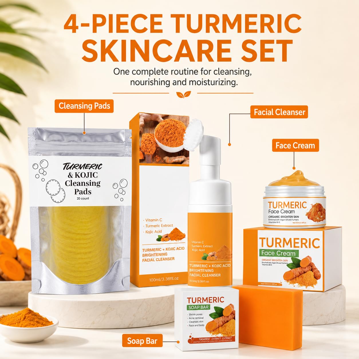 Turmeric Skincare Set with Face Wash, Cream, Soap Bar, Bubble Net, Facial Cleanser for All Skin Types, Soothing Hydrating Formula
