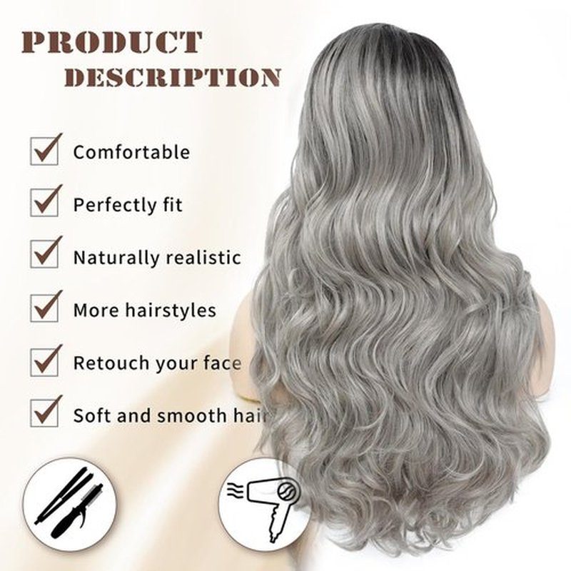 ponyttda Long Sliver Wavy Wigs for Women Middle Part Gray Wig 26 inch Natural Curly Synthetic Wig Heat Resistant Fiber Wigs for Daily Party Use, Halloween Wig