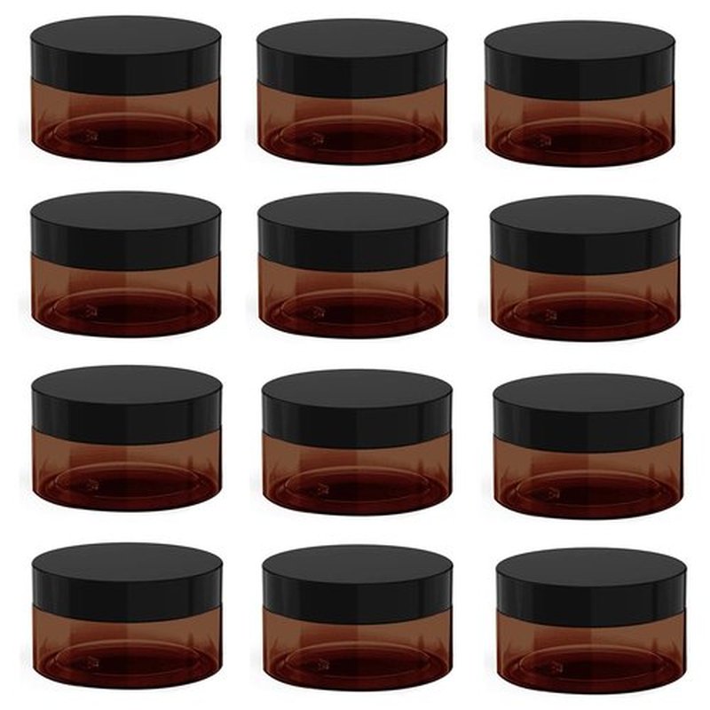 1 oz Amber Plastic Cosmetic Jars Leak Proof Container with Black Lid for Cream, Lotion, Powder, ointment, Beauty Products etc, 12 Pcs.