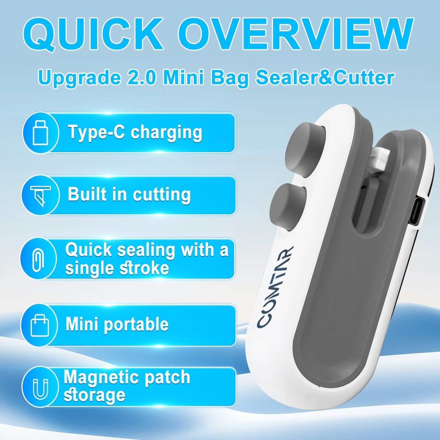 2in1 Mini Bag Sealer With Cutter And Magnet- Heat Seal & Cutter, Portable Handheld Chip Bag Sealer for Snacks, Candies & Food Storage (White, 1 PACK)