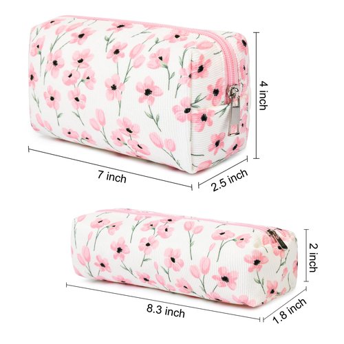 SOIDRAM Makeup Bag Corduroy Cosmetic Bag Cute Pink Floral Makeup Pouch 1Pcs Large Capacity Makeup Bags and 1Pcs Makeup Brushes Storage Bag Travel Toiletry Bag Organizer