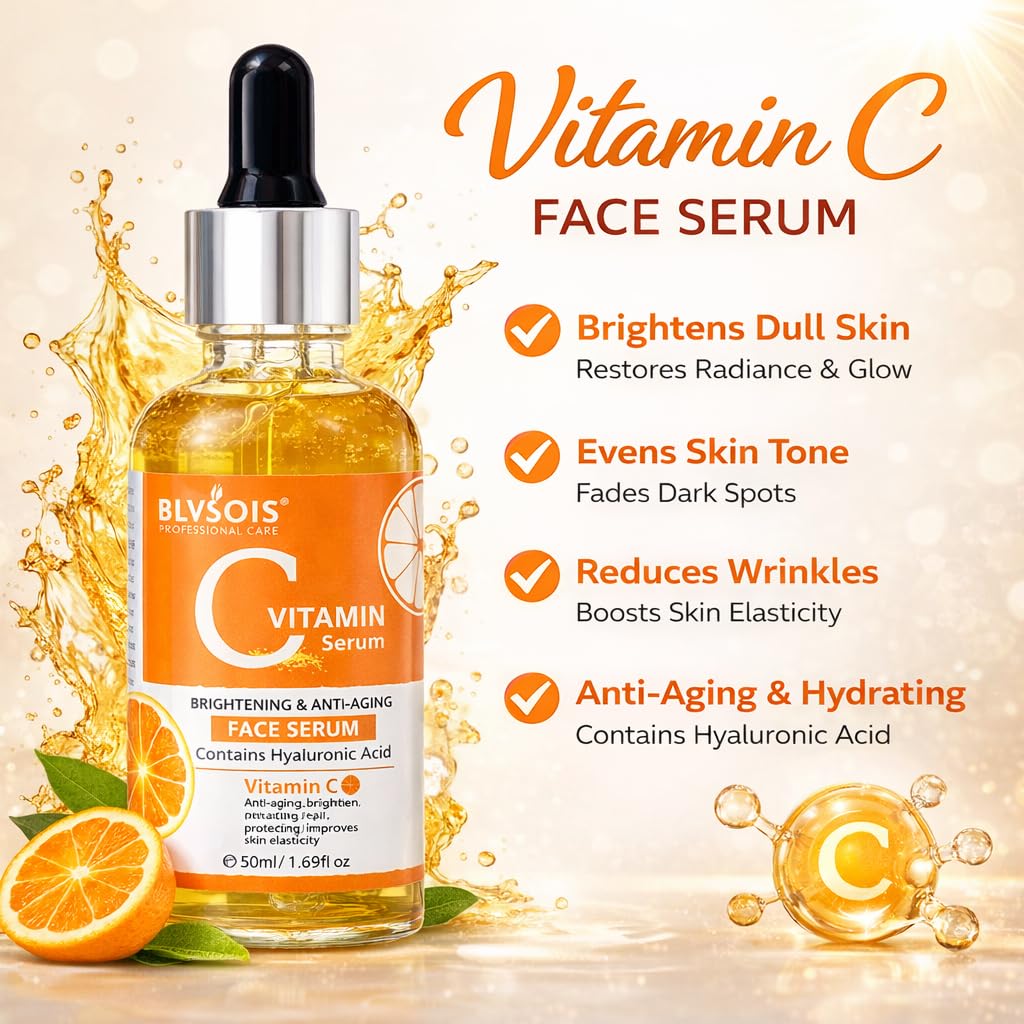 Vitamin C Serum For Face – Anti Aging Formula with Vitamin C, Hyaluronic Acid, Vitamin E – Brightening Serum – Improve Appearance of Dark Spots, Tone, Fine Lines & Wrinkles,