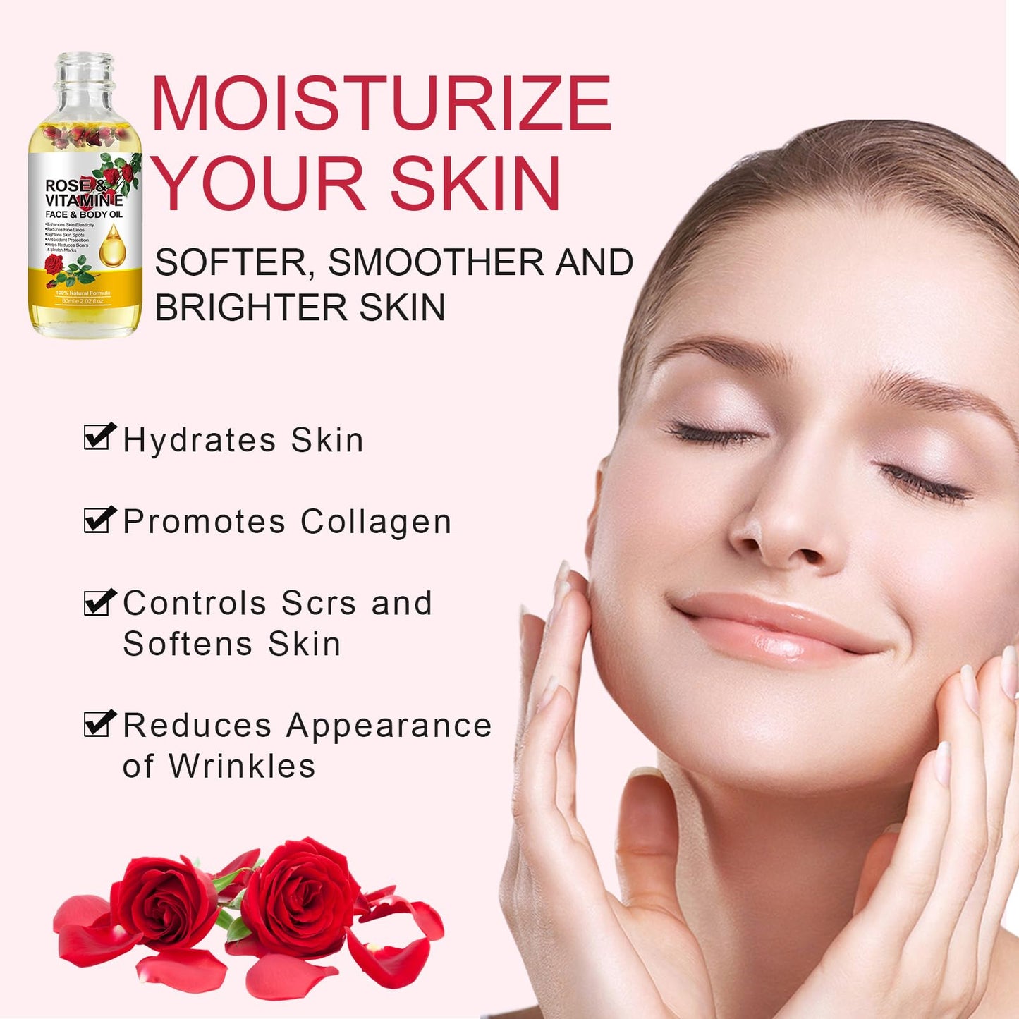Rose Oil for Face, Vitamin E & Rose Facial Oil with Gua Sha Tool Set, Vitamin E Nourishing Moisturizing Oil for Face & Skin 2 Fl Oz ﻿