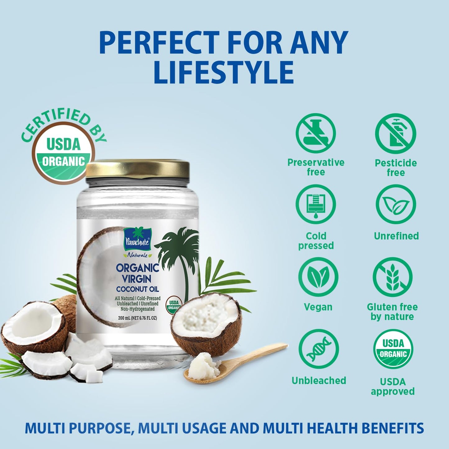 Parachute Naturalz Organic Virgin Coconut Oil | Cold Pressed | Unbleached | Unrefined | Non-Hydrogenated | MCT Oil | USDA Certified |16 Fl. Oz | Glass Jar | Pack of 2